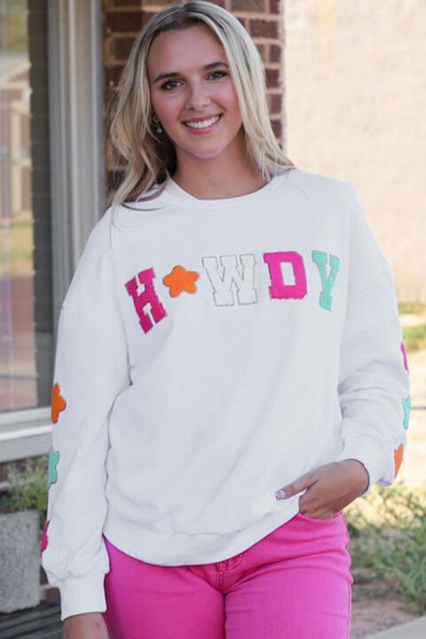 HOWDY Patch Graphic Round Neck Sweatshirt |1mrk.com