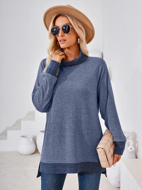 Contrast Mock Neck Long Sleeve T-Shirt | 1mrk.com