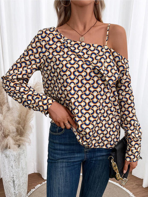 Printed Asymmetrical Neck Long Sleeve Top | 1mrk.com