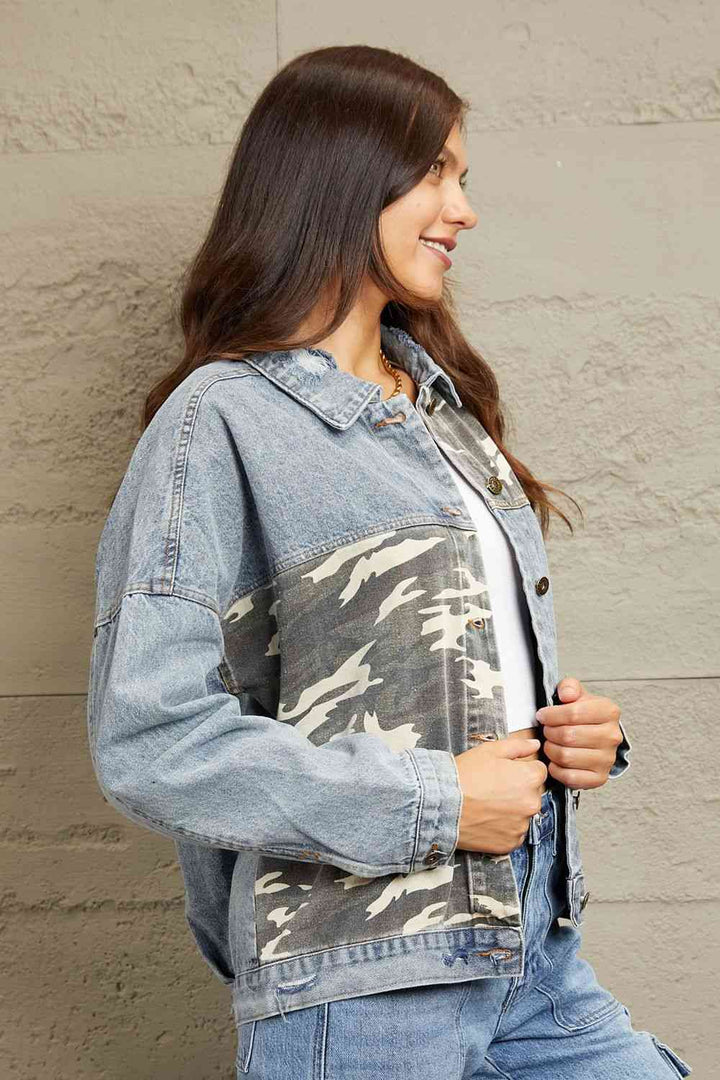 GeeGee Full Size Washed Denim Camo Contrast Jacket | 1mrk.com