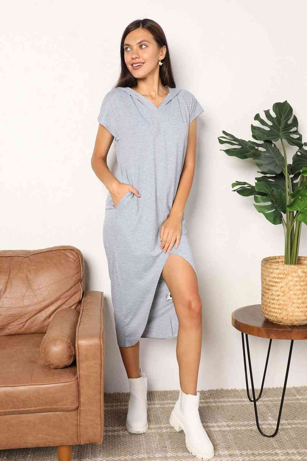 Double Take Short Sleeve Front Slit Hooded Dress | 1mrk.com
