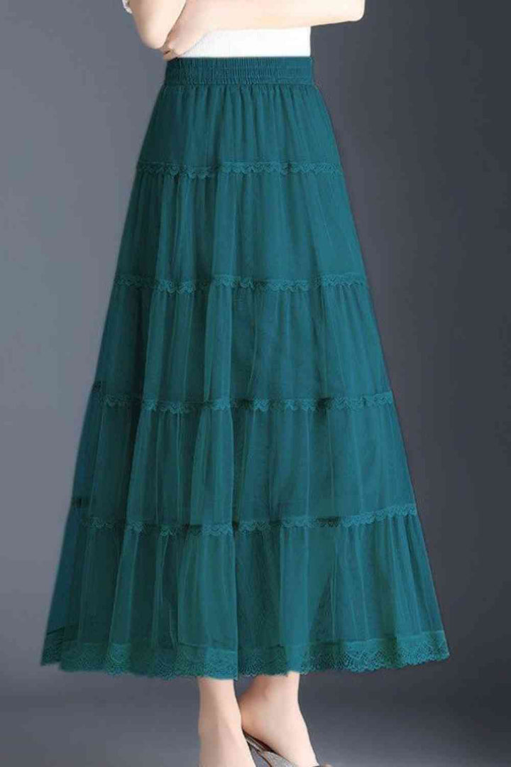 Smocked Lace Trim Midi Skirt |1mrk.com