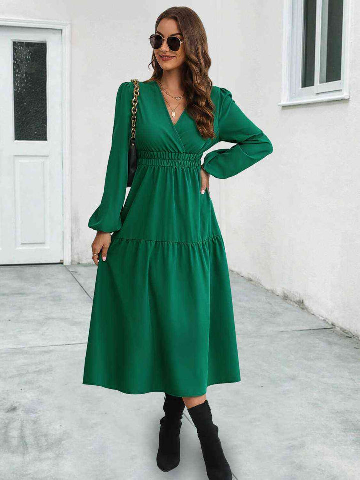 Surplice Neck Long Sleeve Midi Dress | 1mrk.com