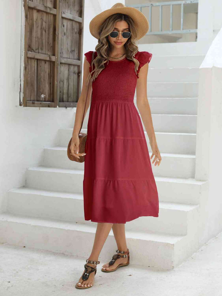 Smocked Round Neck Tiered Dress |1mrk.com