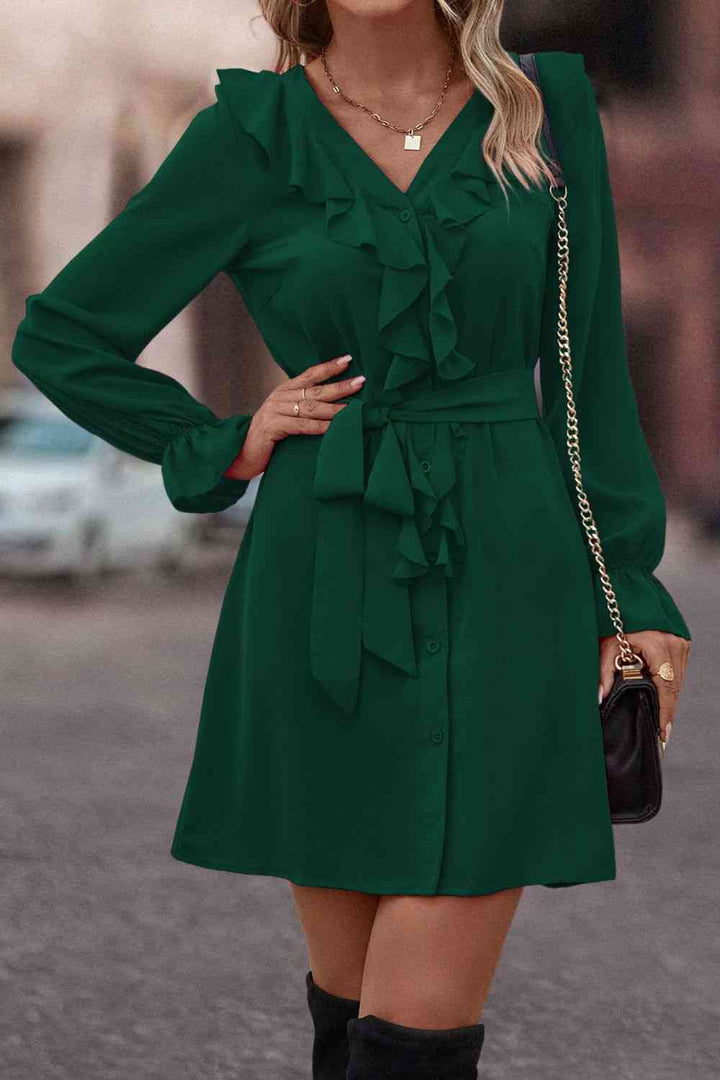 Ruffled Flounce Sleeve V-Neck Belted Dress |1mrk.com