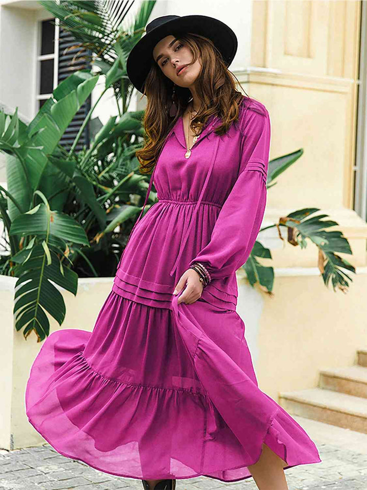 Tie Neck Long Sleeve Midi Tiered Dress | 1mrk.com