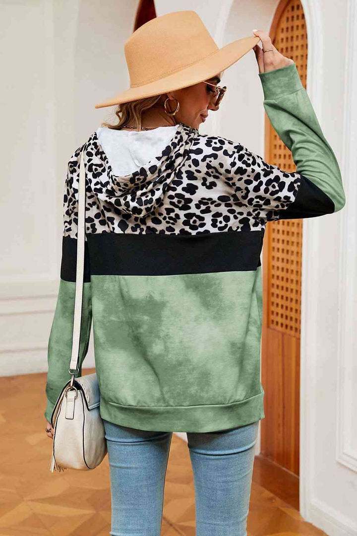 Leopard Drawstring Hoodie with Pocket |1mrk.com