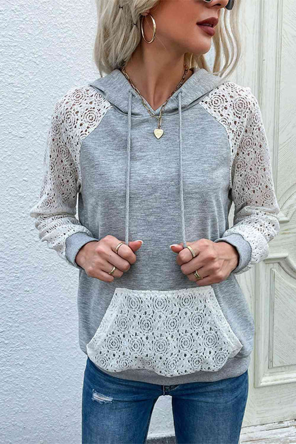 Lace Raglan Sleeve Drawstring Hoodie | 1mrk.com