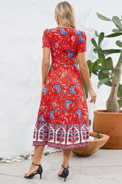 Printed Surplice Short Sleeve Dress |1mrk.com