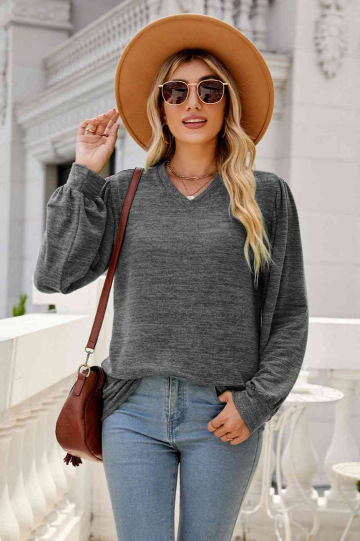 Long Puff Sleeve V-Neck Top | 1mrk.com