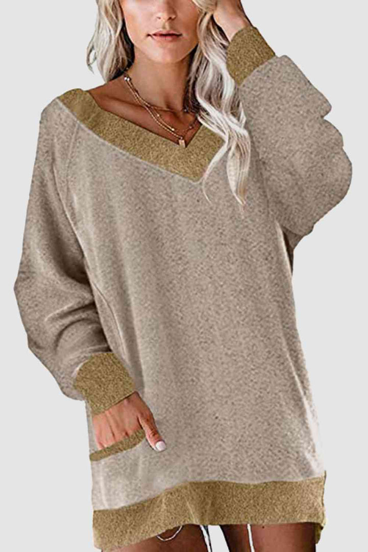 V-Neck Long Sleeve Sweatshirt with Pockets |1mrk.com