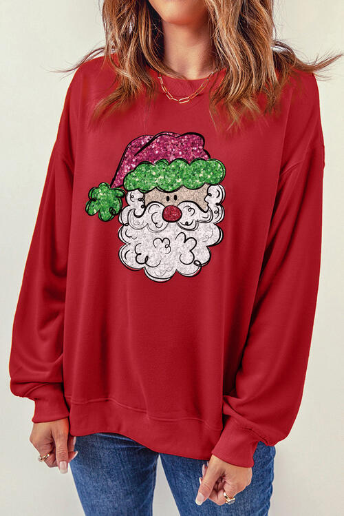 Santa Graphic Round Neck Long Sleeve Sweatshirt |1mrk.com