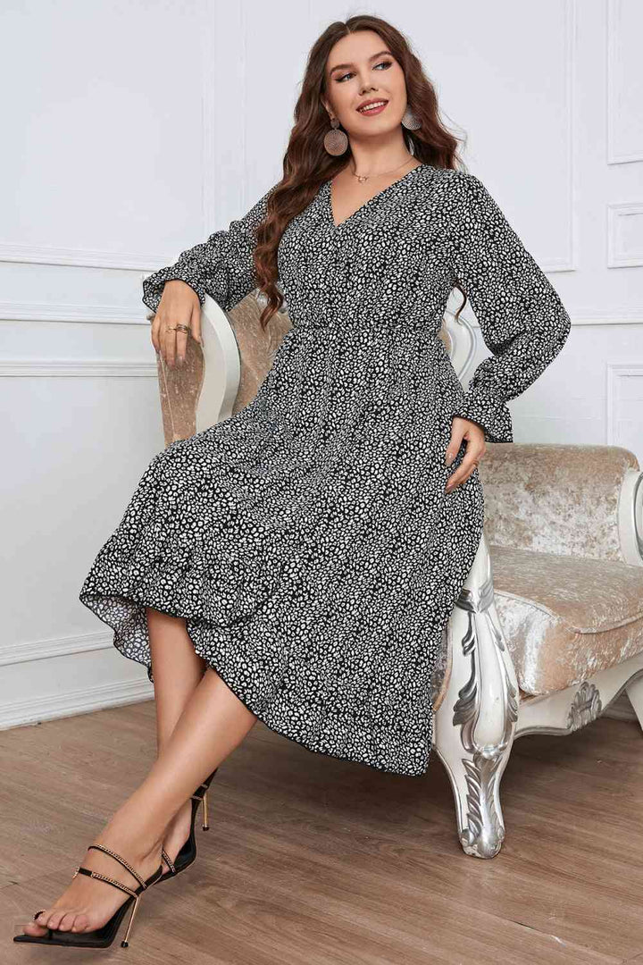 Melo Apparel Plus Size Printed V-Neck Flounce Sleeve Midi Dress |1mrk.com