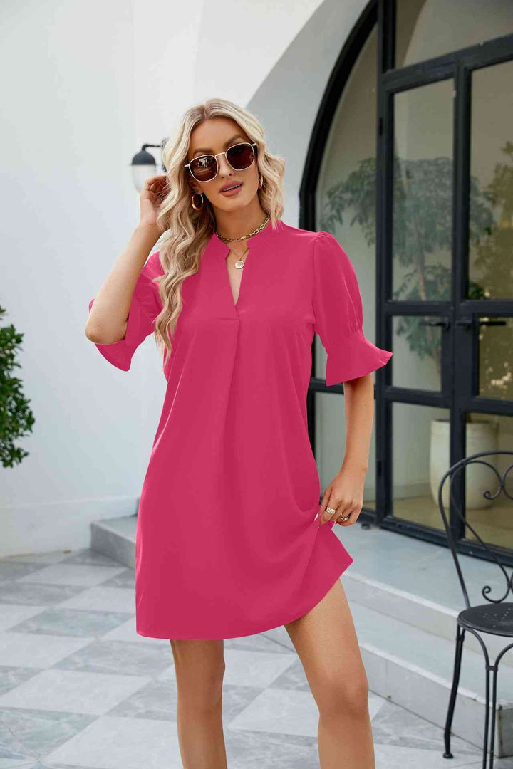 Notched Neck Flounce Sleeve Mini Dress |1mrk.com