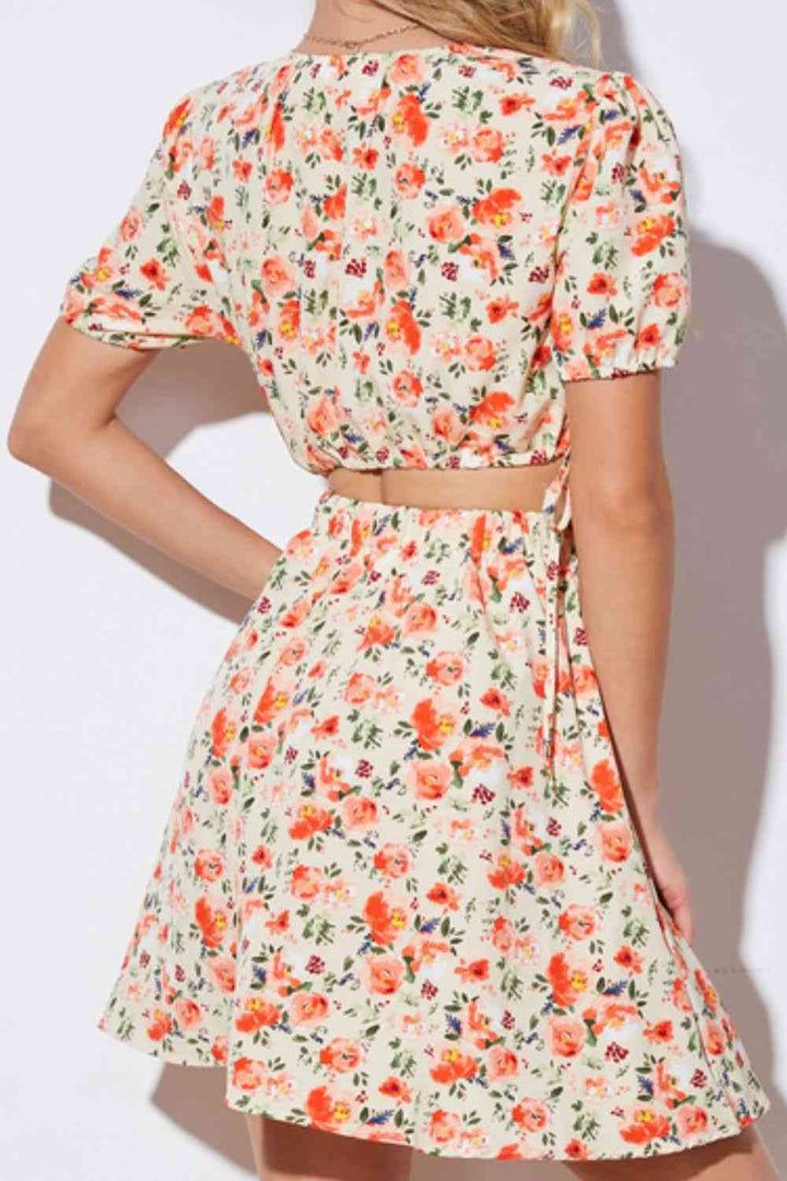 Floral Cutout Short Puff Sleeve Dress |1mrk.com