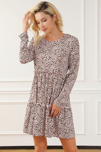 Frill Printed Round Neck Dress |1mrk.com