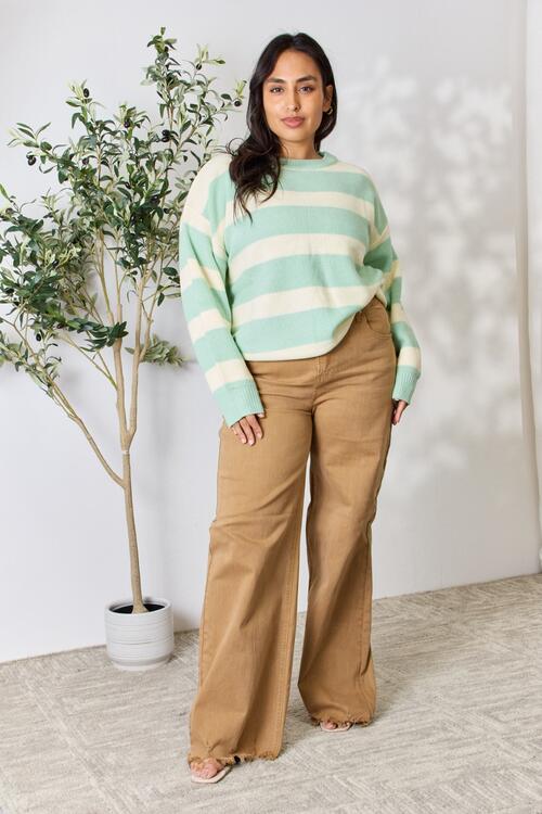 Sew In Love Full Size Contrast Striped Round Neck Sweater |1mrk.com