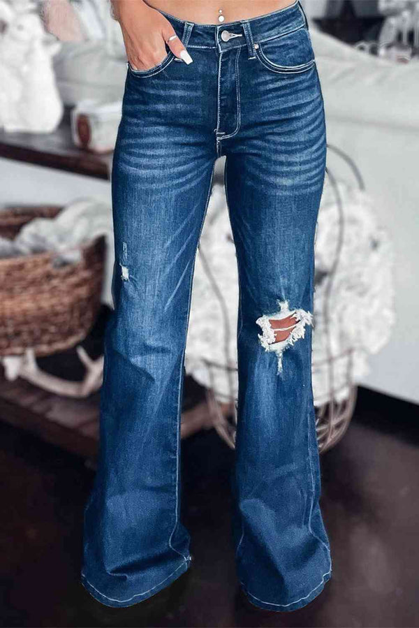Asymmetrical Open Knee Distressed Flare Jeans | 1mrk.com