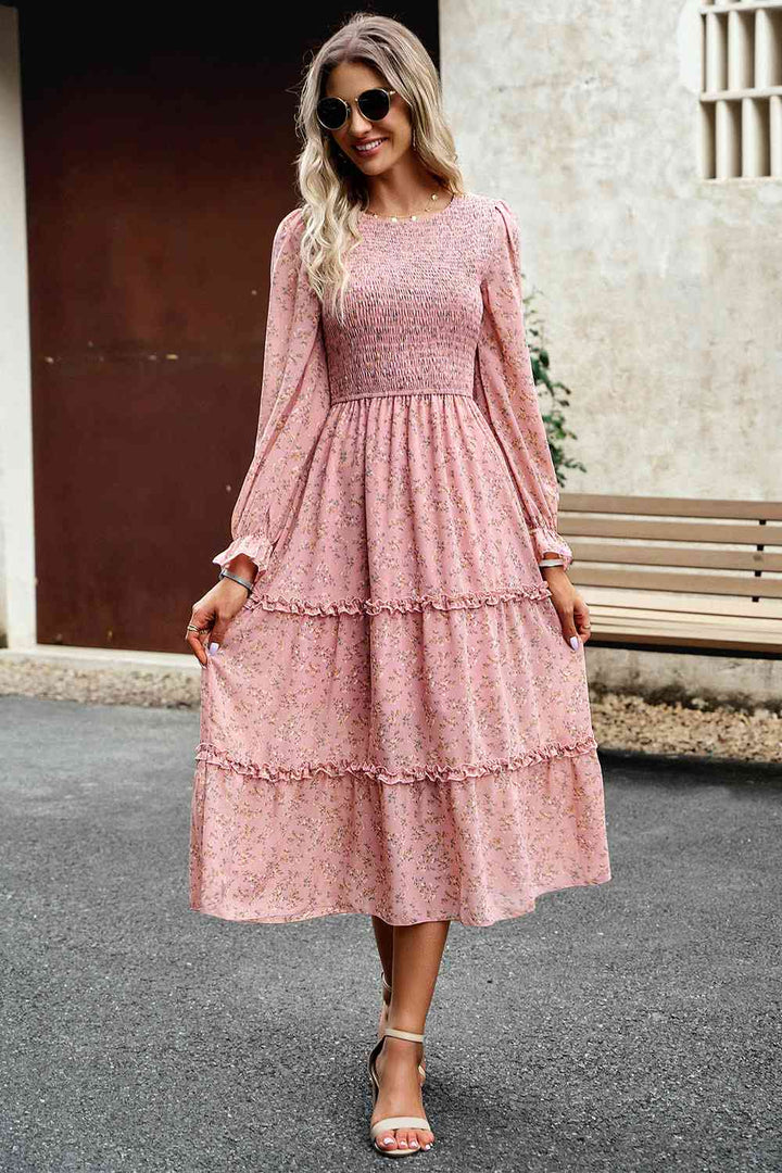 Smocked Flounce Sleeve Midi Dress | 1mrk.com