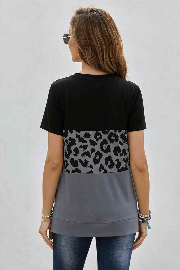 Leopard Print Color Block Short Sleeve T-Shirt | 1mrk.com