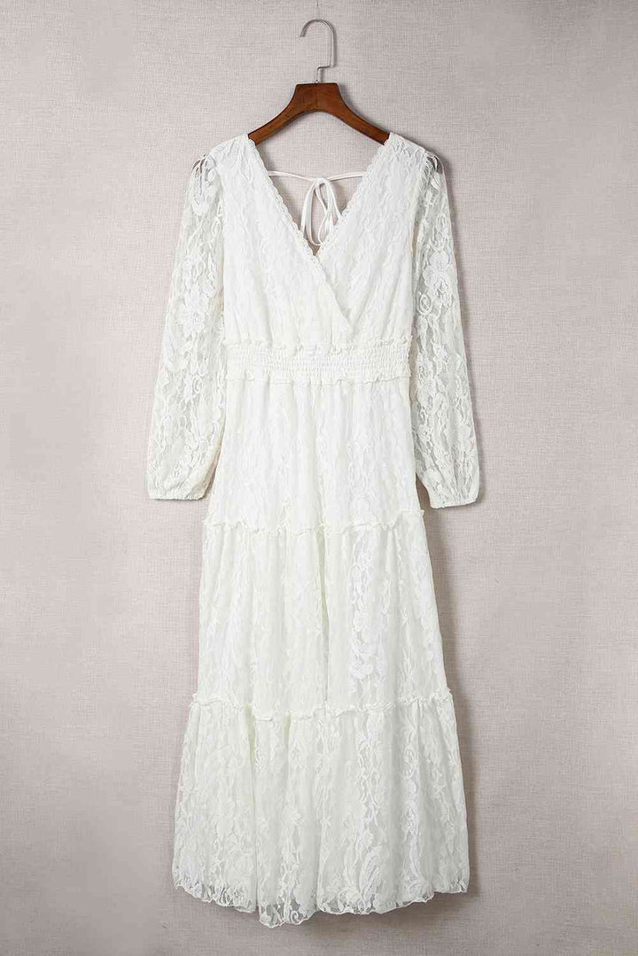 Puff Sleeve Tie-Back Lace Surplice Dress |1mrk.com