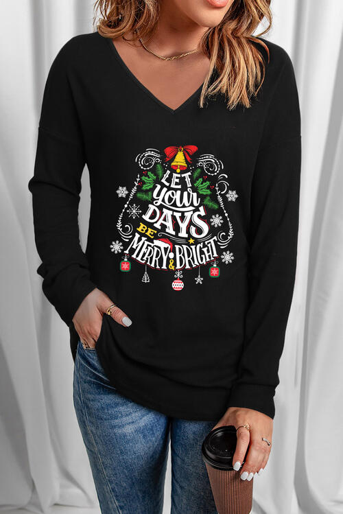 Letter Graphic V-Neck Long Sleeve T-Shirt | 1mrk.com