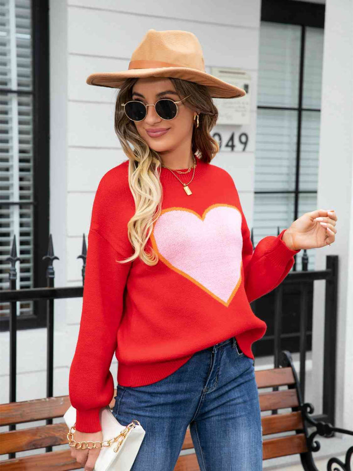 Heart Graphic Round Neck Sweater |1mrk.com