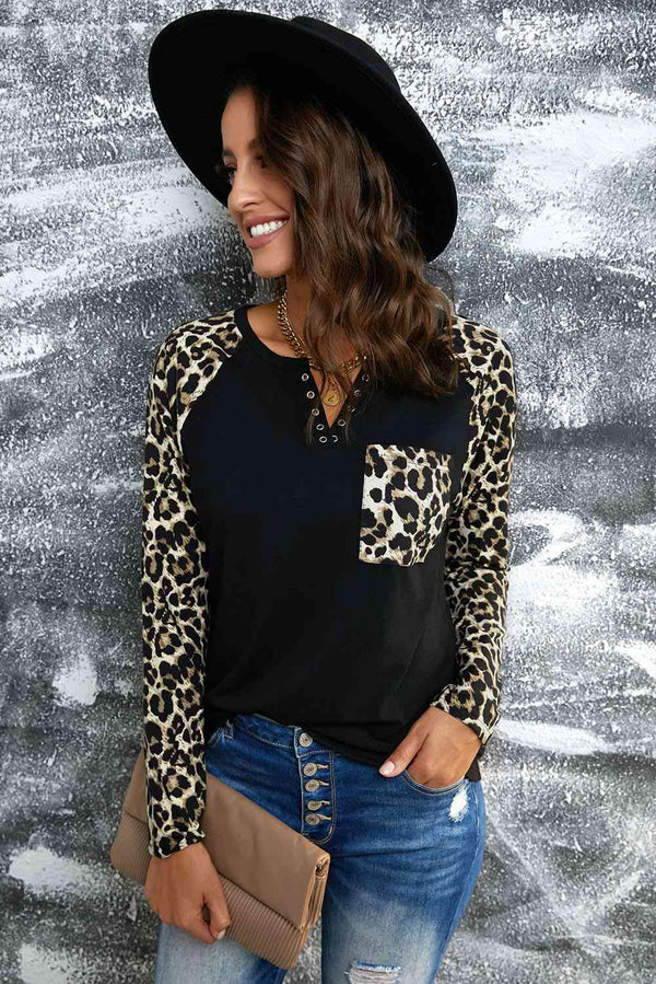 Leopard Print Grommet Long Sleeve Tee | 1mrk.com