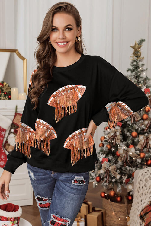 Sequin Ball Round Neck Drop Shoulder Sweatshirt |1mrk.com