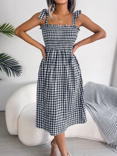 Frill Plaid Square Neck Midi Dress |1mrk.com