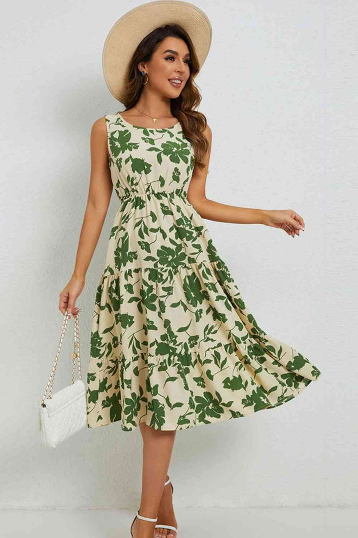 Floral Round Neck Tiered Sleeveless Dress |1mrk.com