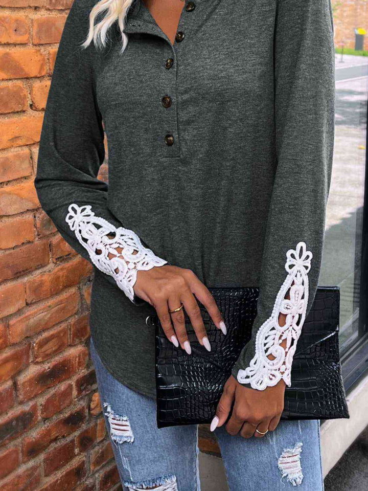 Spliced Lace Half Button Long Sleeve T-Shirt | 1mrk.com