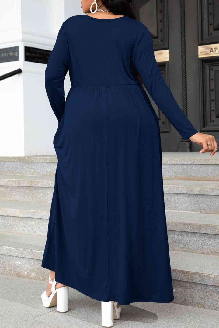 Plus Size Round Neck Long Sleeve Maxi Dress with Pockets |1mrk.com