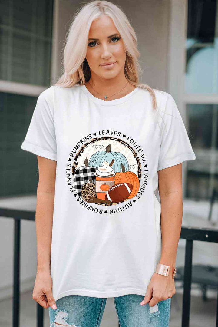 Pumpkin Graphic Round Neck Cuffed T-Shirt | 1mrk.com