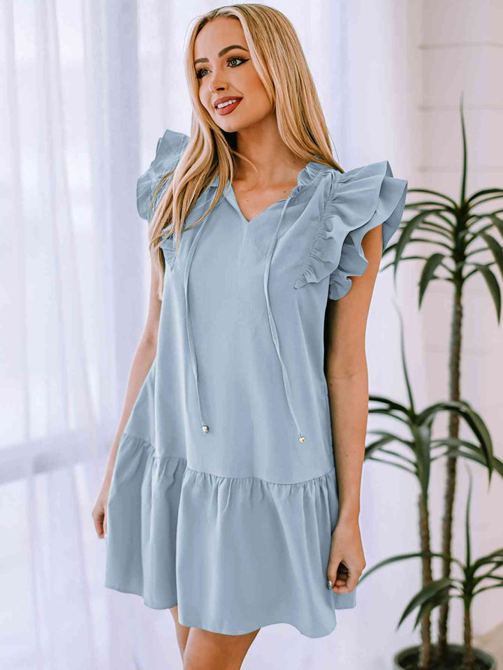 Ruffle Shoulder Tie-Neck Tiered Dress |1mrk.com