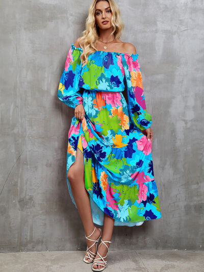 Printed Off-Shoulder Balloon Sleeve Tiered Dress |1mrk.com