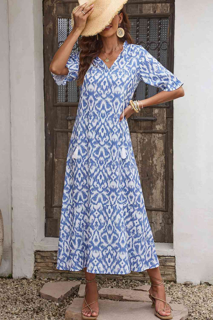 Printed Tassel Tie Flounce Sleeve Dress |1mrk.com