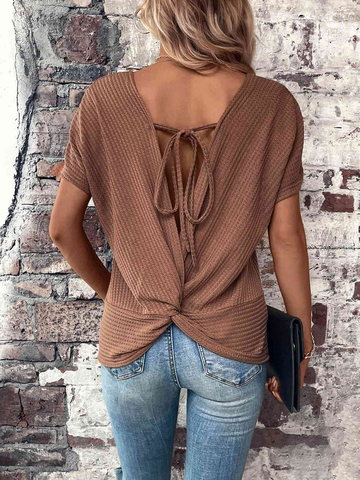 Twisted Back Tie Round Neck T-Shirt | 1mrk.com