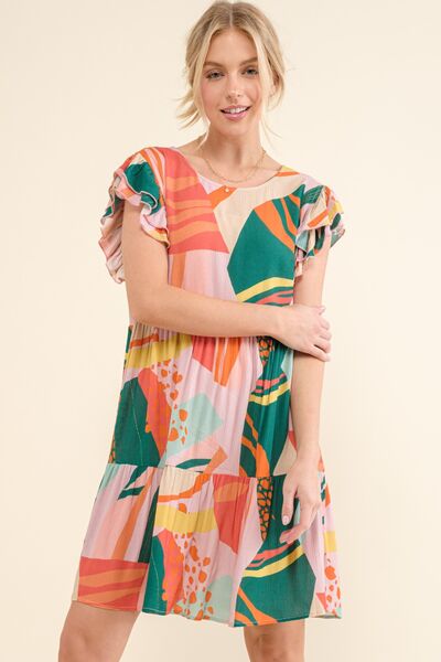 And The Why Printed Double Ruffle Sleeve Dress | Trendsi