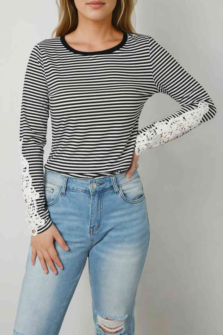 Striped Round Neck Long Sleeve Lace Trim T-Shirt | 1mrk.com
