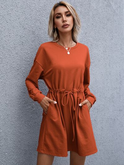 Drawstring Round Neck Dropped Shoulder Mini Dress | Trendsi