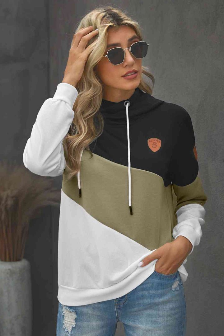 Full Size Range Color Block Cowl Neck Hoodie | 1mrk.com