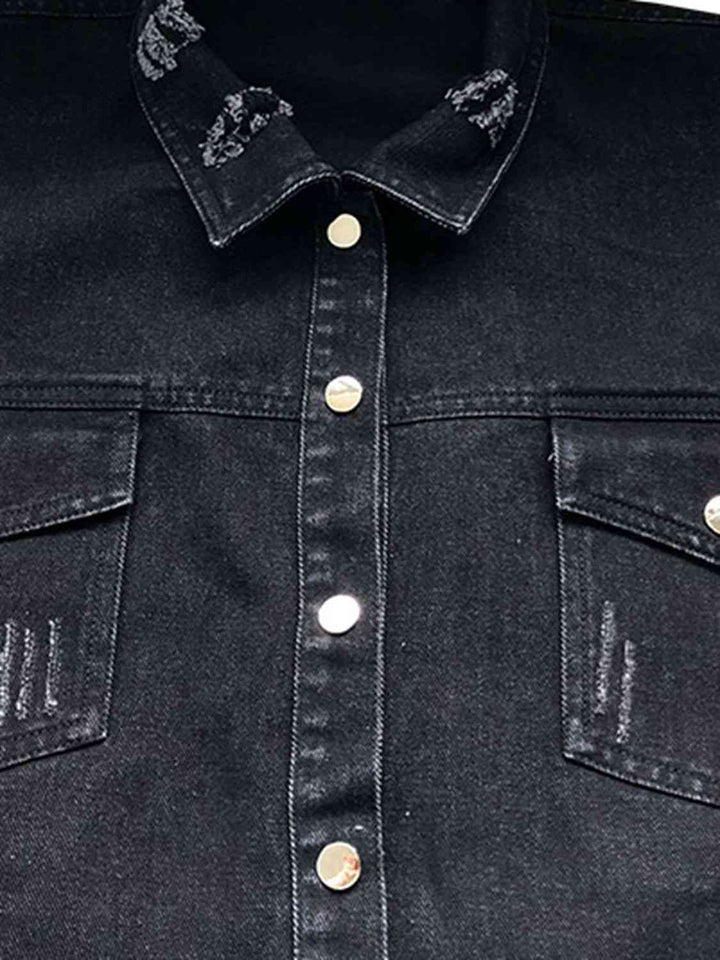 Raw Hem Collared Neck Long Sleeve Denim Jacket | 1mrk.com