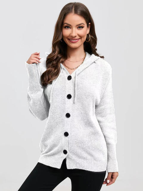 Button Down Drawstring Hooded Cardigan |1mrk.com