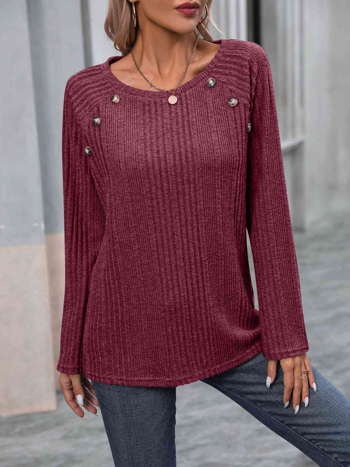 Ribbed Buttoned Round Neck Long Sleeve T-Shirt | 1mrk.com