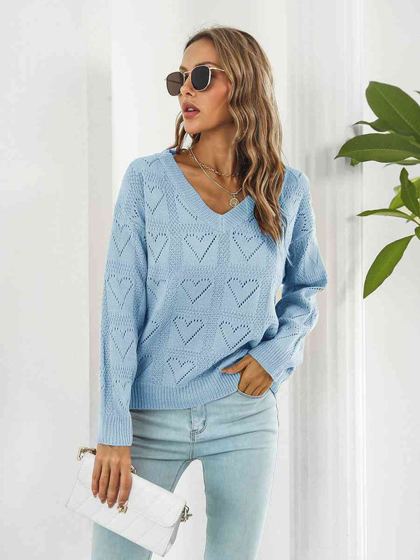 Openwork V-Neck Sweater |1mrk.com