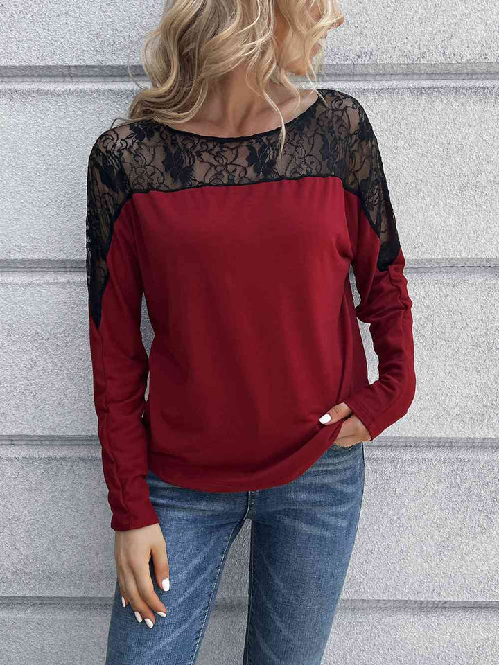 Lace Long Sleeve Round Neck Tee | 1mrk.com