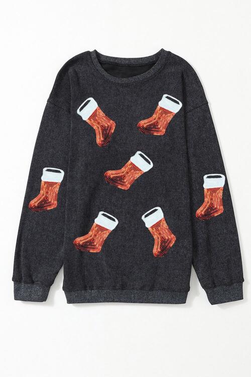 Sequin Christmas Boot Round Neck Sweatshirt |1mrk.com