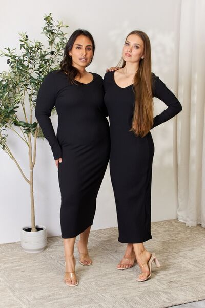 Culture Code Full Size Ribbed Long Sleeve Midi Slit Dress | 1mrk.com