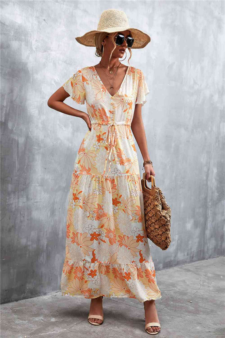 Floral Buttoned Drawstring Waist Tiered Dress |1mrk.com